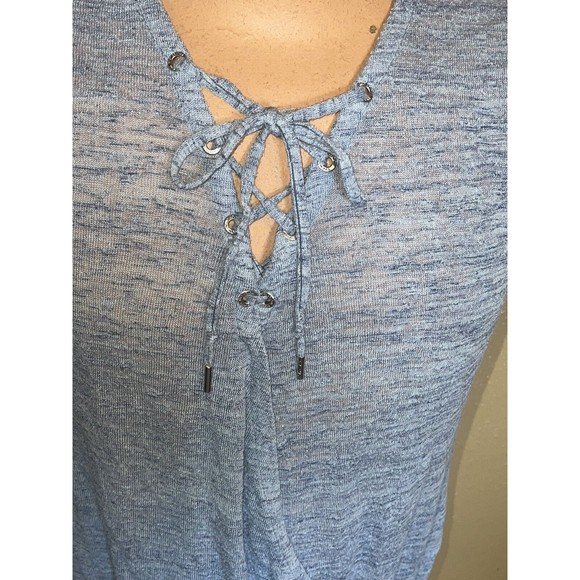 Juicy Couture Womens Size Large Short Sleeve Lace Up Faux Wrap Burnout Top Blue - Picture 4 of 10